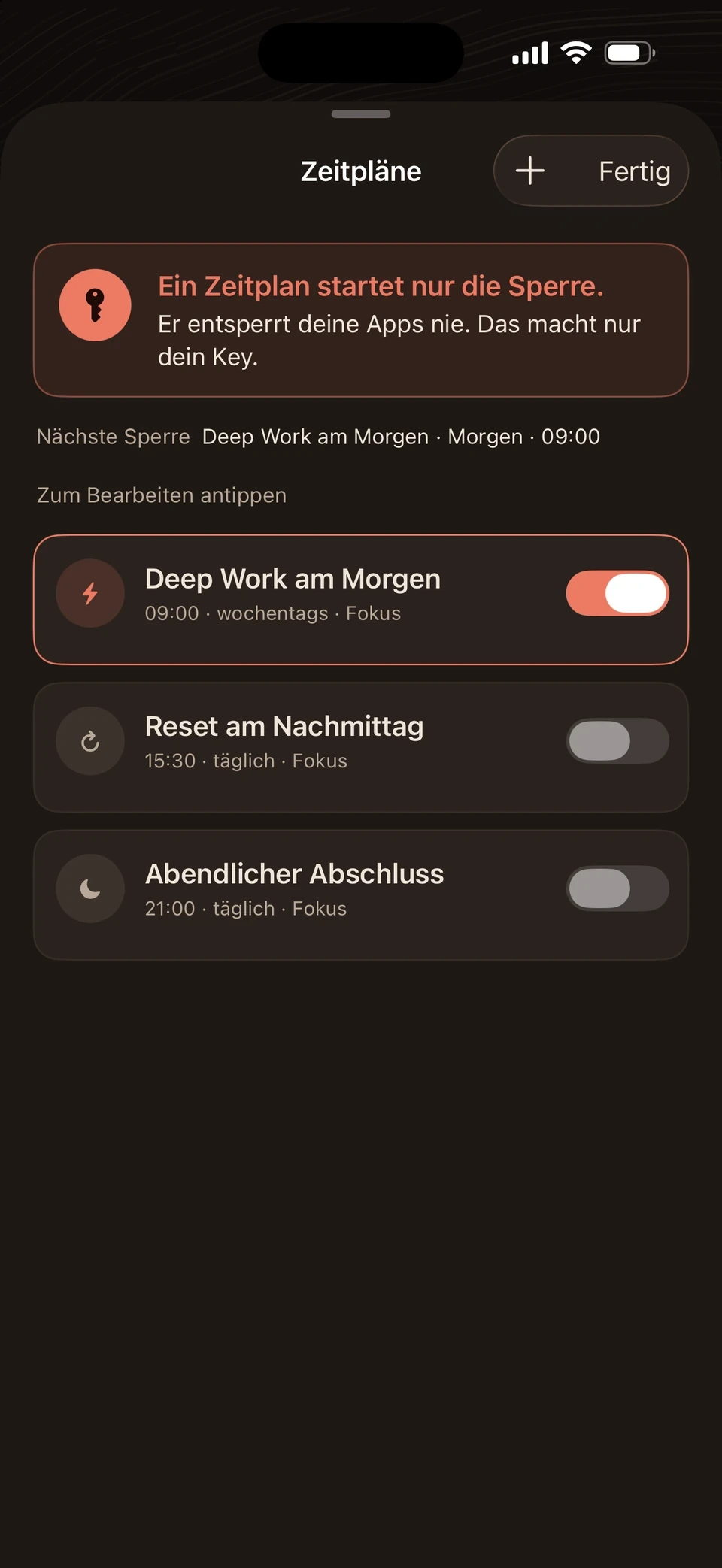Bildschirm der FocusLatch-App